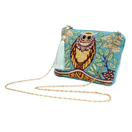 Owl Beaded Blue Cotton Luxury Sling Bag For Women 